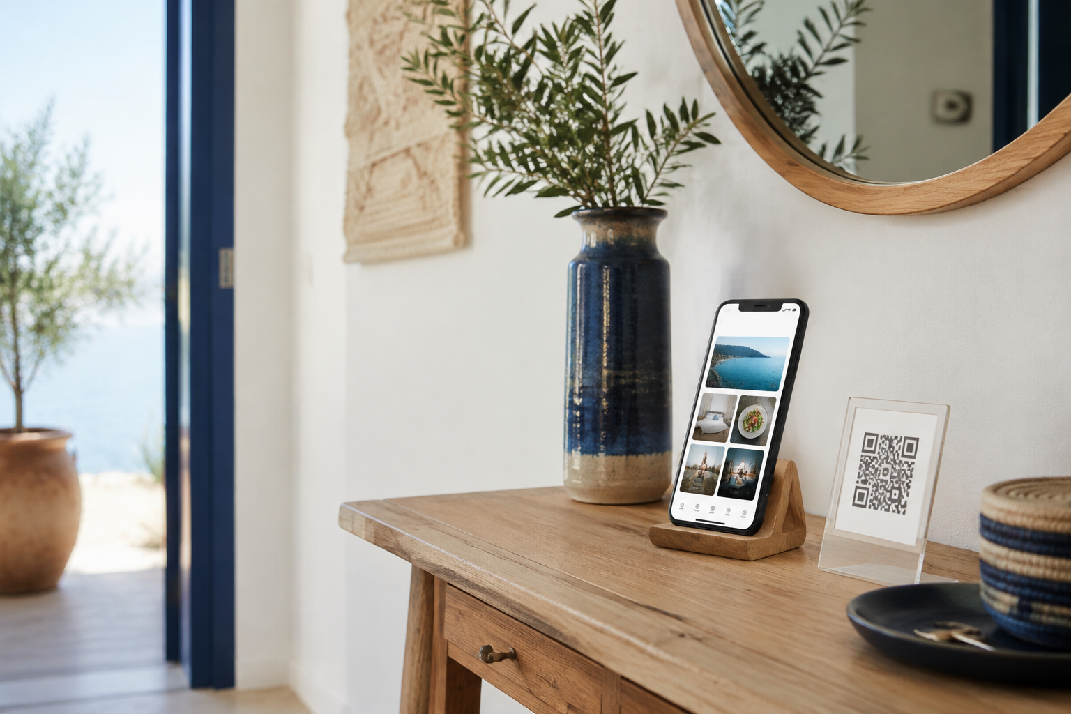 Teléfono mostrando una guía digital junto a un soporte con código QR en un alojamiento